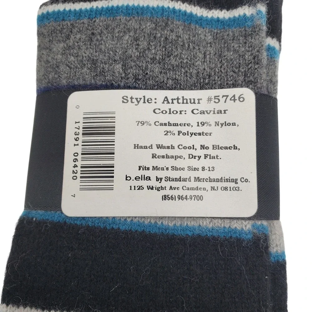 Stripe Cashmere Crew Socks Mens Large 10-13 Black Grey Red B.ella Dress Luxury